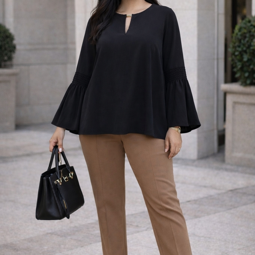Michael Kors Black Chiffon Long Bell Sleeve Blouse Flowy Quiet Luxury Minimalist